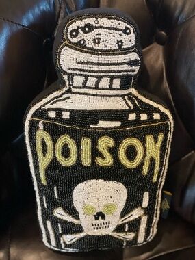 SPOOKY NIGHT Beaded POISON Bottle Skull And Crossbones Decorative Throw Pillow
